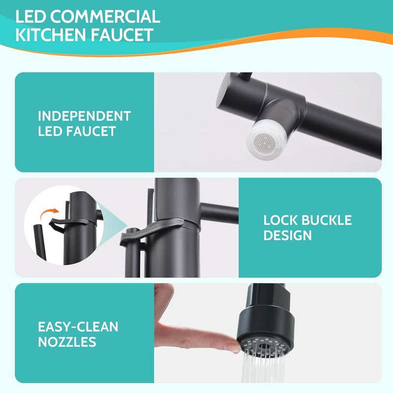 kicimpro Matte Black LED Kitchen Faucet with Pull Down Sprayer, 304 Stainless Black Faucet for Kitchen Sink, Modern Single Handle High Arc Bar Kitchen Sink Faucet for One Hole Or Three Hole Sink - Image 4